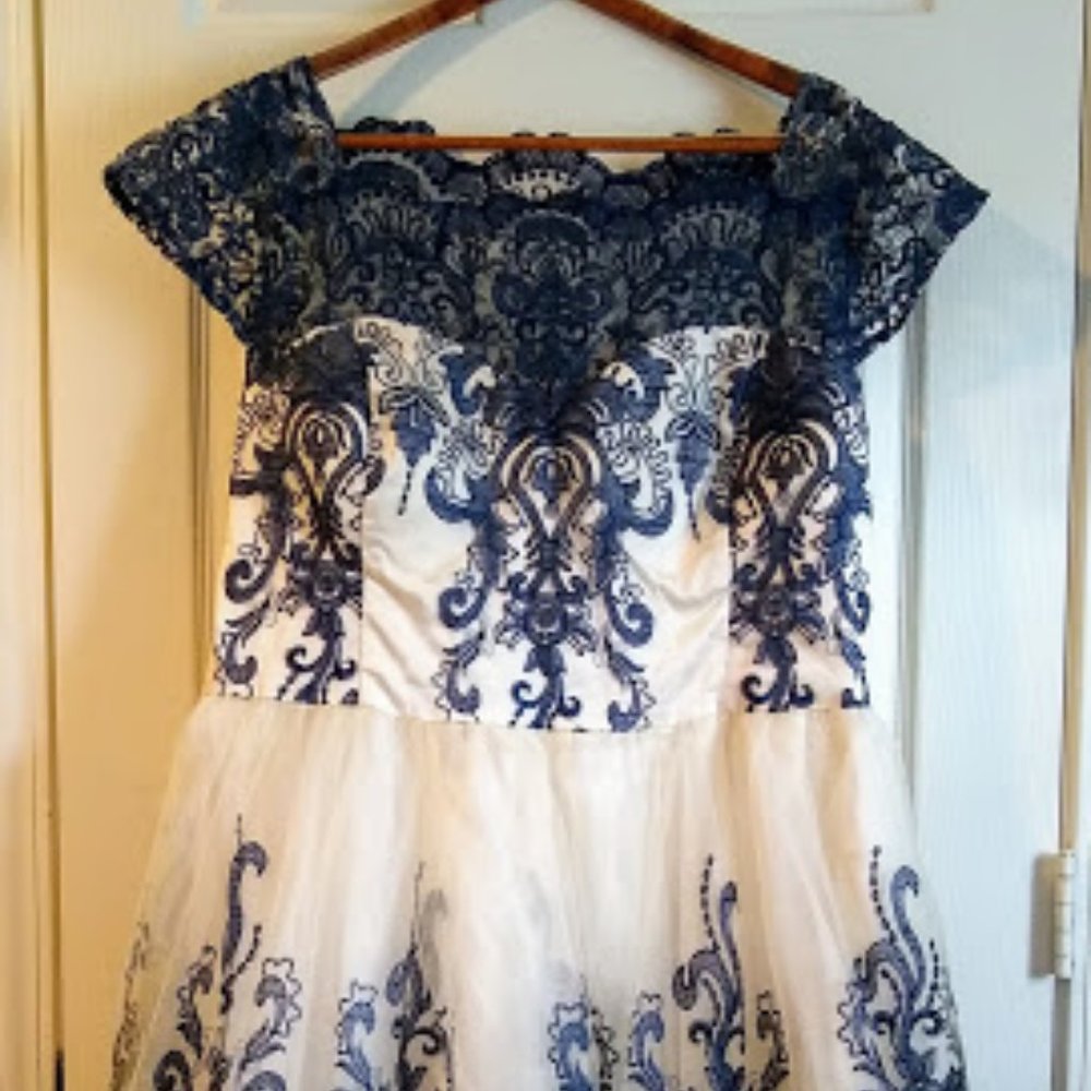 Lacy cream and blue cocktail dress - Picture 2 of 4